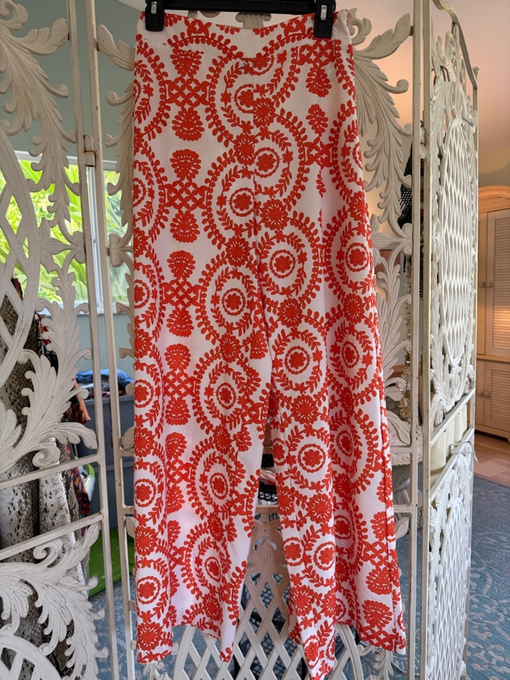 SHEIN White Wide Leg Pants with Orange Swirl Print